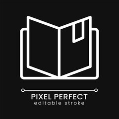 Open book pixel perfect white linear icon for dark theme. Business planner. Educational literature. Thin line illustration. Isolated symbol for night mode. Editable stroke. Poppins font used