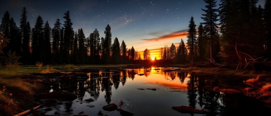 Lake at night, forest at night and in the middle is a lake, starry sky, generative AI