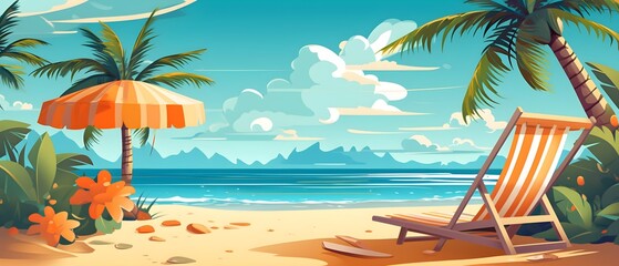 Beach vacation, chair with umbrella on the beach, rest on the beach by the sea, summer holiday, generative AI