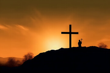 Resurrection of Jesus Christ: Silhouette Cross on Hill at Sunrise