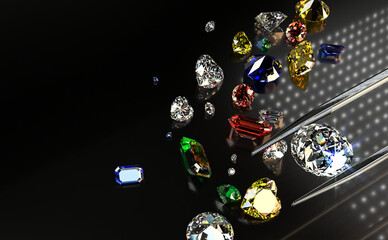 Colored diamonds on the table. Purchase of diamonds. 3d illustration.