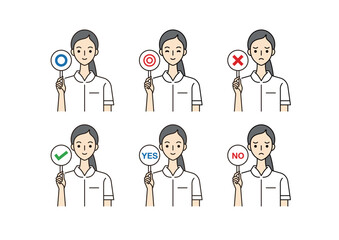 回答札を持つ女性看護師のバリエーションセット