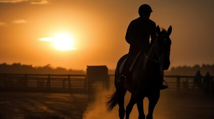 Horse racing at sunset. Silhouette of thoroughbred and jockey. Generative ai.