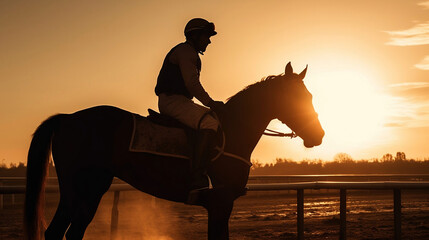 Horse racing at sunset. Silhouette of thoroughbred and jockey. Generative ai.