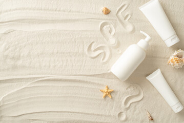 Sun protection products concept. High angle view of SPF written on the sand, tube,spray and bottle of sunscreen, shells and starfish on the sand on isolated background with copyspace