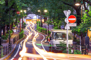 Shibya, Tokyo, Japan street scene and windy road uner a canopy of greenery.