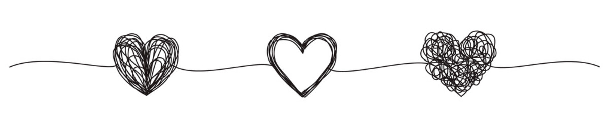 Banner with tangled grungy heart scribbles hand drawn with thin line, divider shape. Png clipart isolated on transparent background