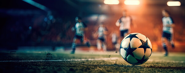 Close up of a soccer striker dynamic kicks the ball.
