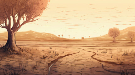 illustration of picturesque dry grassy meadow with lush trees and cracks on ground representing concept of drought in desert. Generative ai.
