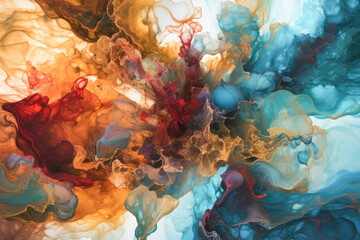 Fototapeta na wymiar Splash of colored ink in water. Mixing paints in water. Abstract colorful gradient background for wallpaper, posters, product packaging or presentations. Deep space color palette. Generative AI
