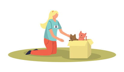 Young lady in uniform standing near box with kittens and taking care of them. Giving support for domestic animals. Social active youth. Charity and donations for cats. Vector illustration
