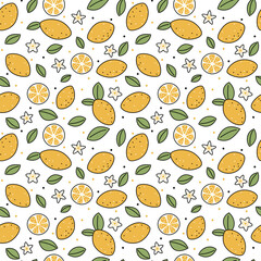 Juicy lemon seamless pattern. Slices, leaves and flower background