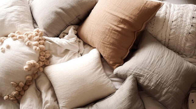 Soft pillows on comfortable bed, generative AI.
