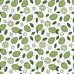 Juicy lime seamless pattern. Slices, leaves and flower wallpaper