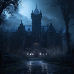 old gothic haunted castle in the night