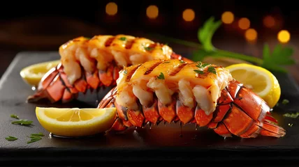 Foto op Canvas Traditional barbecue spiny lobster tail sliced and offered with saffron lemon sauce. Generative Ai © Putra
