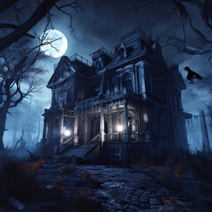 haunted castle at spooky halloween night