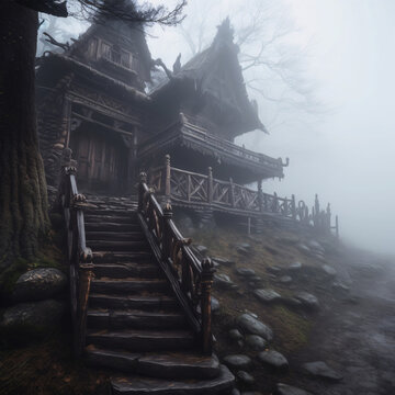 spooky house in a foogy morning