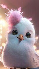 Obraz premium White bird, pink decorative feather hat, joyful style, animal illustration