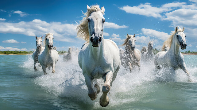 Herd of white horses running through the water. Generative Ai