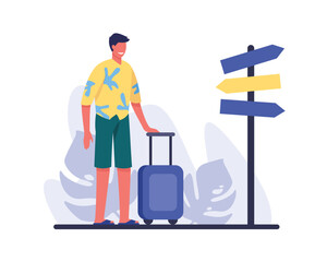 Cheerful tourist on summer trip. Smiling faceless guy with trolley suitcase standing in front of pillar with road pointers. Flat vector illustration