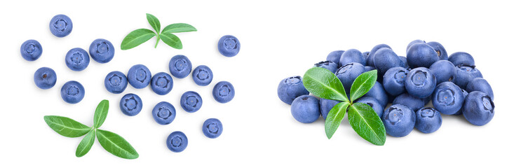 fresh ripe blueberry with leaves isolated on white background. Top view. Flat lay pattern