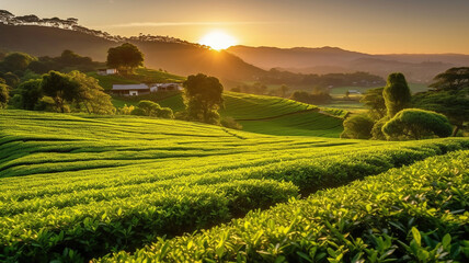 Tea plantation landscape at sunrise. Generative Ai - obrazy, fototapety, plakaty