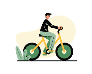 Man riding bike, using urban eco transport, spending time outside. Reducing world energy consumption. Usage of green vehicles. Vector illustration in yellow and green colors