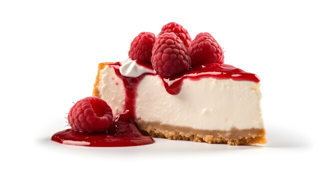 New york style raspberry cheesecake, isolated on white background with copy space