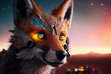 Wall paper Face Of Robotic Fox with Bright Color 