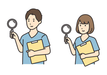 カルテとルーペを持つ看護師の女性と男性のイラストセット
