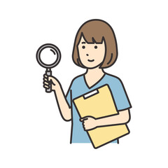 カルテとルーペを持つ看護師の女性のイラスト