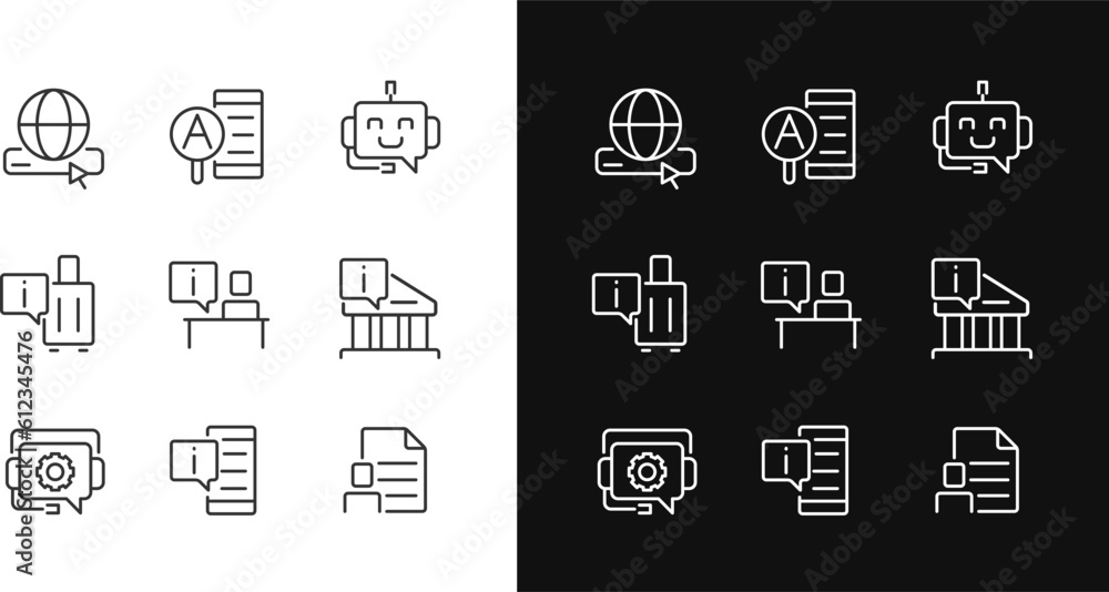 Poster technical support pixel perfect linear icons set for dark, light mode. answers on customer questions