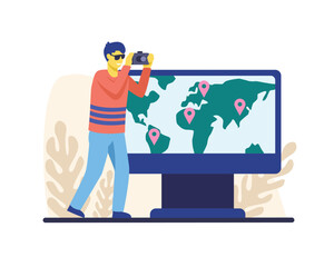 Tourism activity. Travel around world. Smiling guy photographing sights on various continents highlighted on desktop monitor using digital camera. Flat vector illustration