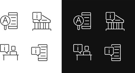 Types of informational support pixel perfect linear icons set for dark, light mode. Online and offline services. Thin line symbols for night, day theme. Isolated illustrations. Editable stroke