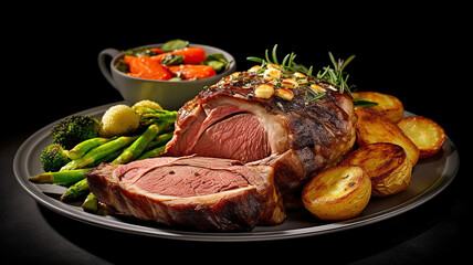 Beef rib roast with Yorkshire puddings and vegetables. Generative Ai