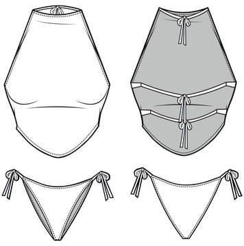 womens string bikini set halter neck two piece tankini beach wear flat sketch vector illustration front and back view technical cad drawing template