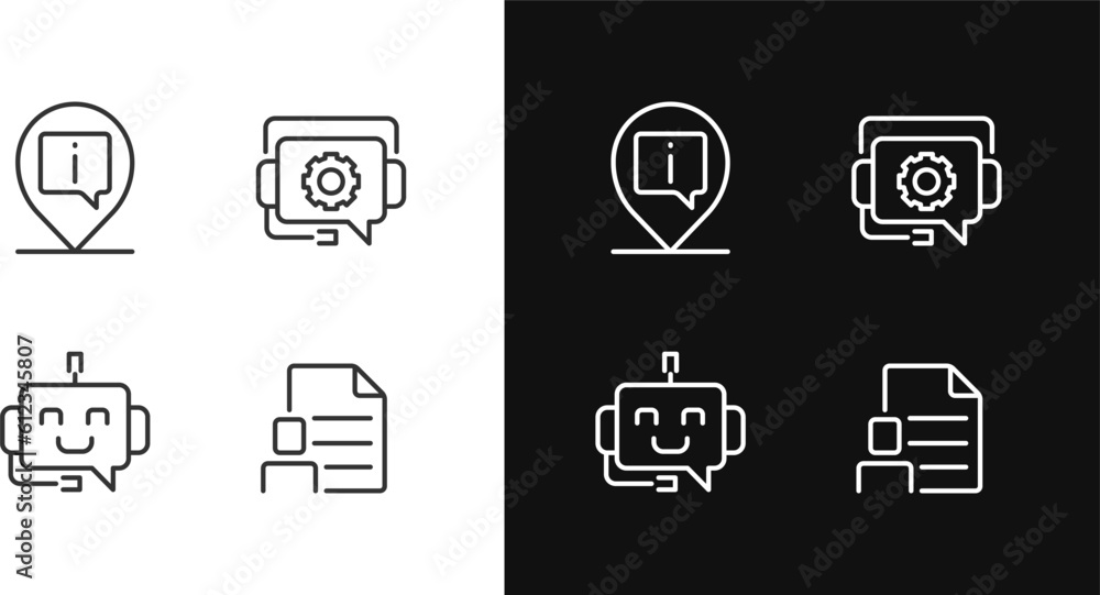 Poster chatbot info help pixel perfect linear icons set for dark, light mode. find location online. digital