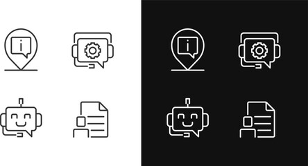Chatbot info help pixel perfect linear icons set for dark, light mode. Find location online. Digital support. Thin line symbols for night, day theme. Isolated illustrations. Editable stroke