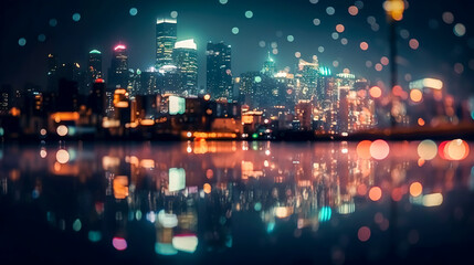 Obraz premium Panorama of the night city with bokeh lights, generative AI.
