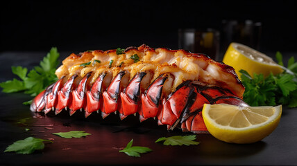 Traditional barbecue spiny lobster tail sliced and offered with saffron lemon sauce. Generative Ai