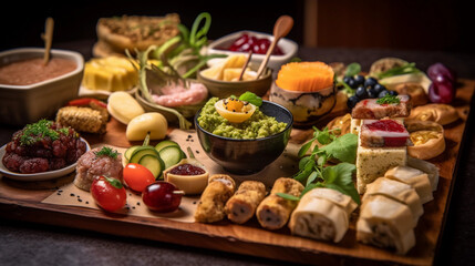 Fototapeta na wymiar A selection of appetizers and finger foods, beautifully arranged on a platter