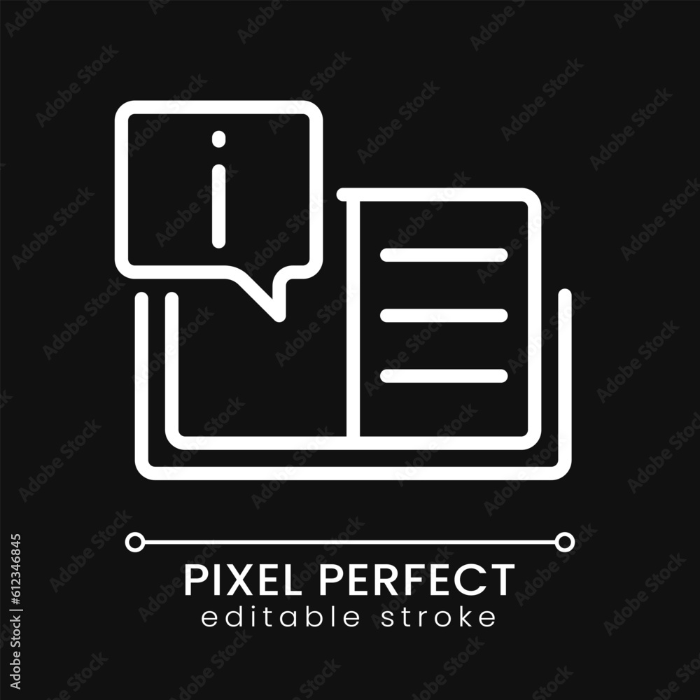 Poster text information pixel perfect white linear icon for dark theme. instruction for users. common answe