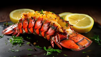 Foto op Canvas Traditional barbecue spiny lobster tail sliced and offered with saffron lemon sauce. Generative Ai © Putra