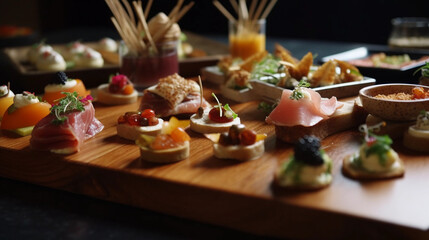 Fototapeta na wymiar A selection of appetizers and finger foods, beautifully arranged on a platter