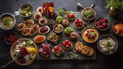 A selection of appetizers and finger foods, beautifully arranged on a platter,
