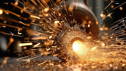 sparks flying while machine griding and finishing metal. Generative Ai