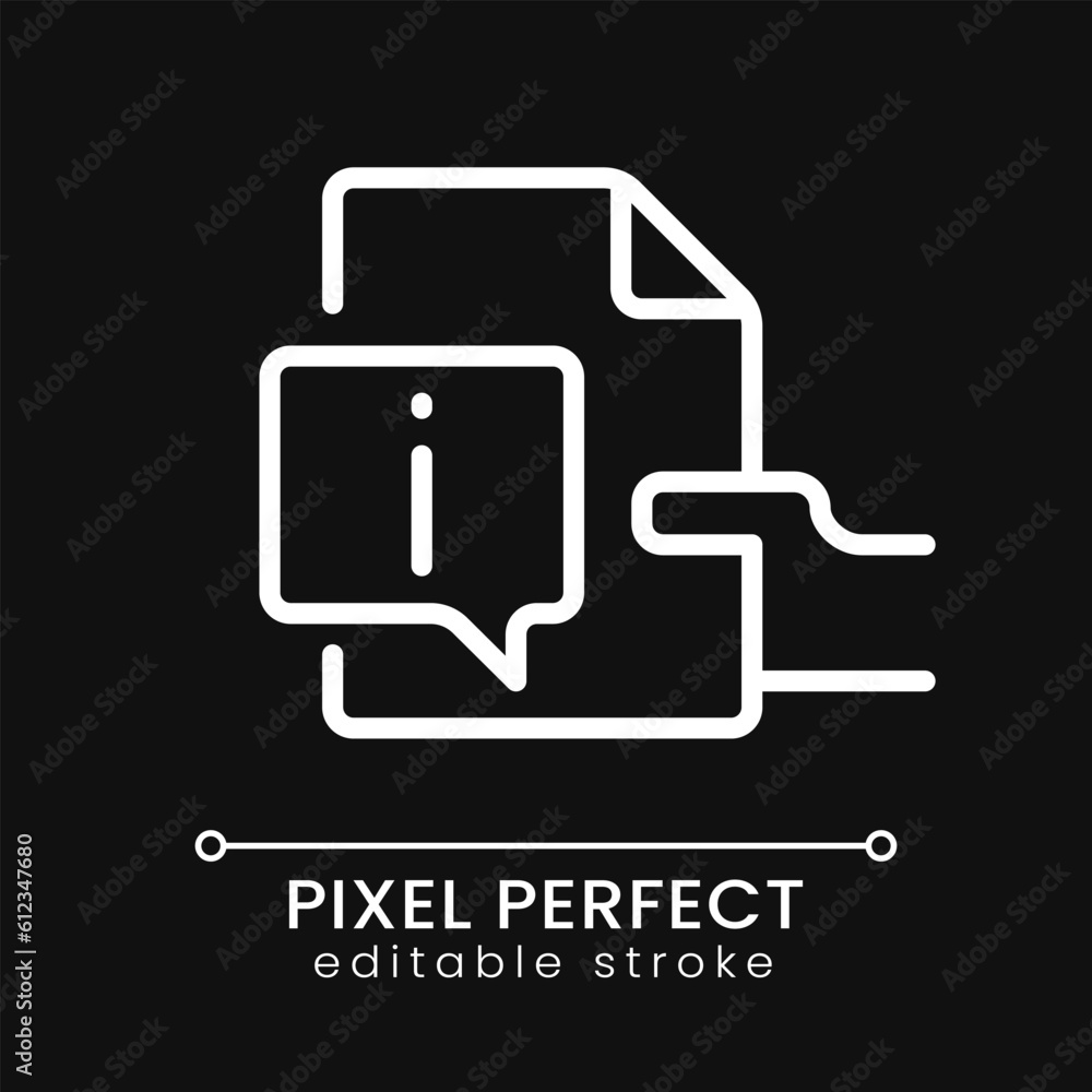 Poster read instructions pixel perfect white linear icon for dark theme. user tutorial. information about p