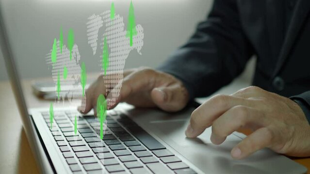 Businessman using laptop with world map and virtual tree icons. Net zero greenhouse gas emissions target. Climate neutral long term strategy. Ecological, renewable energy and save environment concept.