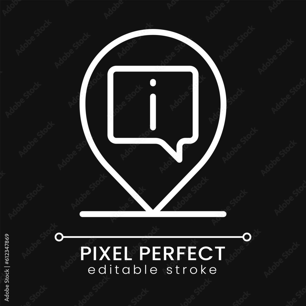 Poster info pin pixel perfect white linear icon for dark theme. location mark on map. finding information c